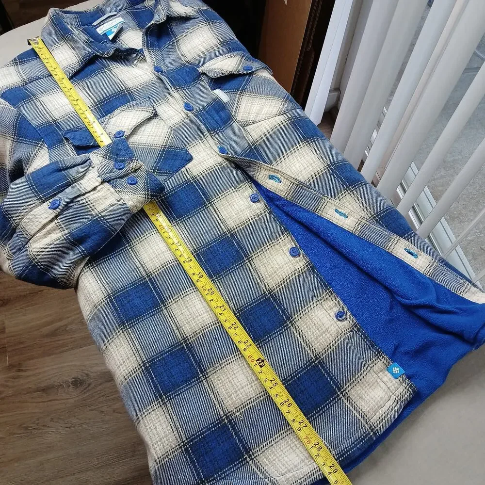 Columbia fleece-lined flannel shirt jacket mens M repaired blue white plaid